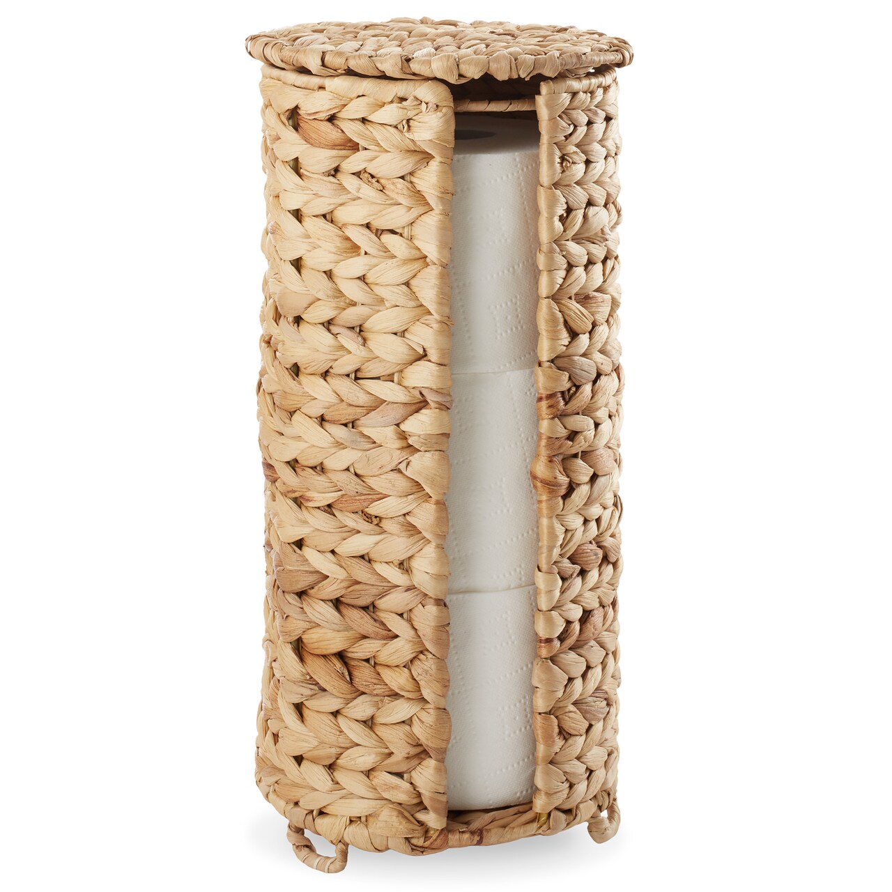 Casafield Free Standing Toilet Paper Storage Roll Holder with Lid - Natural, Fits 3 Rolls, Seagrass or Water Hyacinth Bath Tissue Organizer for Bathroom